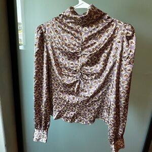 ZARA Gathered Floral Turtleneck Blouse Purple Lavender